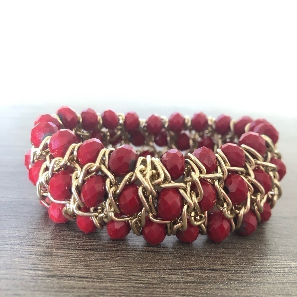 Unbranded Beaded Stretch Bracelet OS Red Gold Tone Woven Chain Faceted Statement